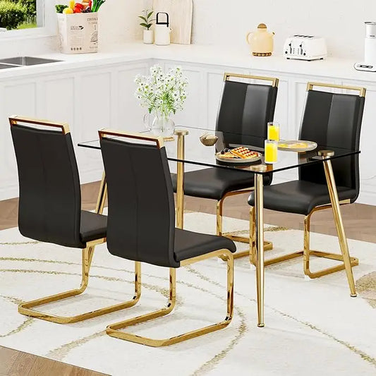 Glass Dining Table Set for 4,5 Piece Dining Table and Chairs Set，Modern Kitchen Dining Room Table with 4 Black PU Leather