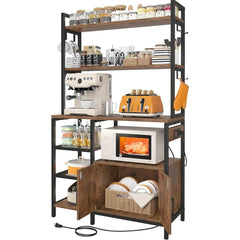 EnHomee Bakers Racks for Kitchens with Power Outlet, 6-Tier Microwave Stand with Storage Cabinet, Farmhouse Kitchen Coffee Bar