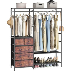 Clothes Rack with 5 Drawers & 4 Storage Shelves, 59.1W*70.9H Heavy Duty Clothing Rack with 2 Hanging Rods, Wardrobe Closet