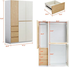 3 Door Closet Wardrobe, Armoire with 3 Drawer and Hanging Rod, Freestanding Closet Cabinet, Clothes Storage Organizer, Wardrobes