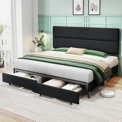 Bed Frame, King, 47.6 Inches, Linen Upholstery with 2 Drawers,Height Adjustable Headboard,No Springs Required,Platform Bed Frame