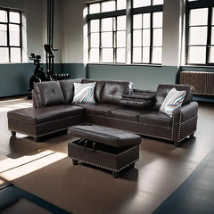 L Shaped Sofa with Ottoman Modern Sectional Living Room,Bedroom,Office,L Couch Brown