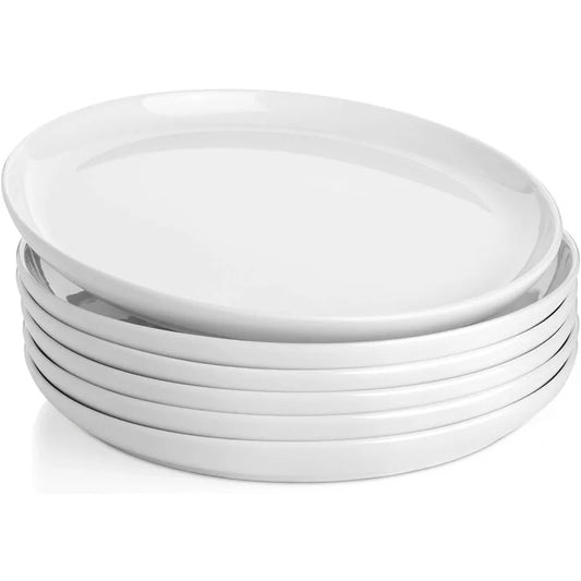 Porcelain White Dinner Plates Set of 6, 10 Inch Salad Serving Modern Round Dishes - Dishwasher, Microwave, Oven Safe