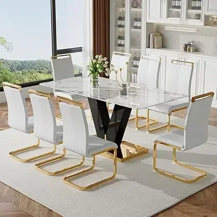 71'' Dining Table Set for 8, Modern Kitchen Table with 8 PU Leather Chairs, Marble Dining Table Set