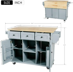 Kitchen Island with Drop-Leaf Countertop, Internal Storage Cabinet Racks, Rolling Kitchen Cart on 5 Wheels with Open Shelves