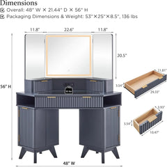 Fluted Makeup Vanity Desk with 3 Way Mirror and Lights, 48" Large Corner Vanity Table with Glass Top, Charging Station, 3 Drawer