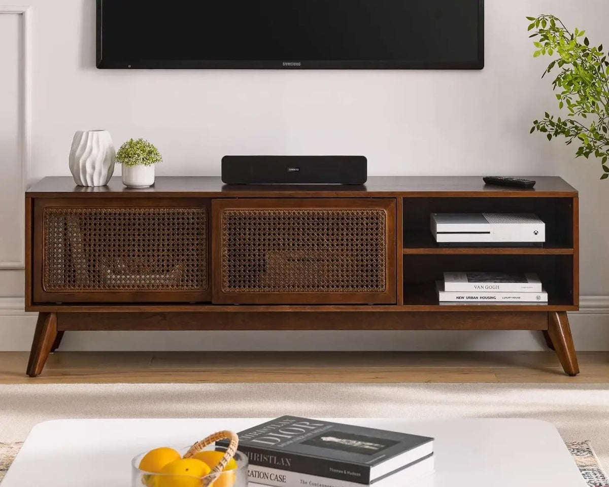 59 Inch Mid Century Modern TV Stand with Rattan Cabinet Doors