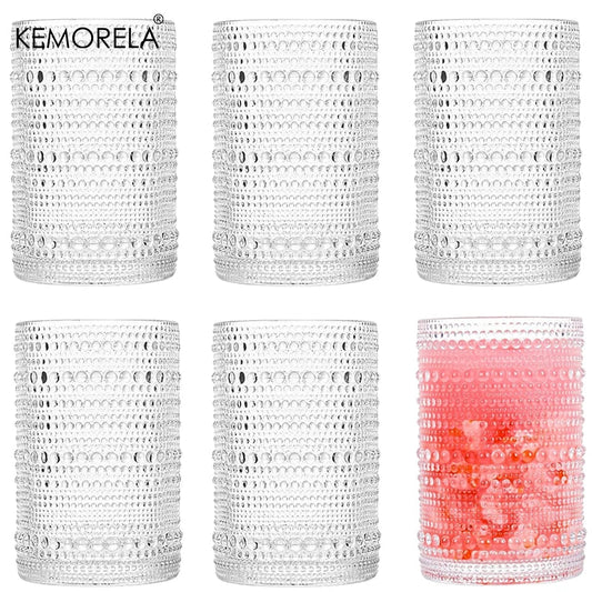 15oz Hobnail Drinking Glasses with Straws Vintage Glassware Set of 6 Embossed Vintage Water Cups, Highball Glasses for Cocktail