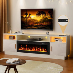 70'' TV Stand with 36'' Fireplace-LED Light Entertainment Center for 75+ inch TV-White TV Cabinet with Storage