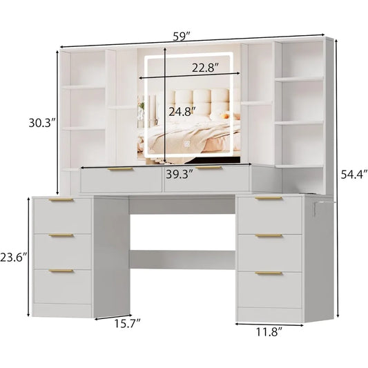 Large Makeup Vanity Desk with Lighted Mirror & Power Outlet,Dresser Table with 3 Lighting Modes Brightness Adjustable,Drawers