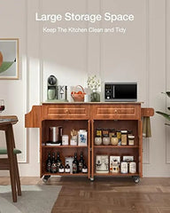 Kitchen Island with Drop Leaf and Storage, on Wheels Two Drawers, Large Storage Cabinet, Towel Rack Spice Cart Brown