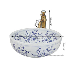 JIENI Circular Blue And White Porcelain Ceramic Basin Set W/ Antique Bamboo Shaped Faucet And Pop Drain Bathroom Sink Lavabo