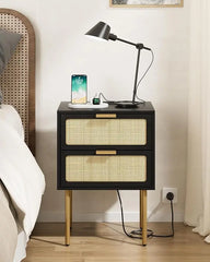 Rattan Nightstand with Charging Station, 2 Drawer Dresser for Bedroom, Small Bedside Table with 2 Drawers, Night Stand,