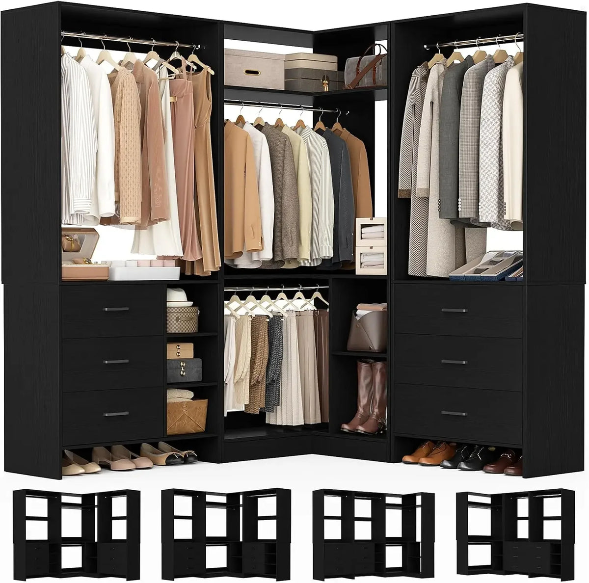 Closet System with 3 Sets, 86.8" Closet Organizer System with 6 Drawers & 4 Hanging Rods, Freestanding Wardrobe