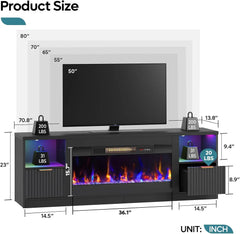 70” Fireplace TV Stand for TVs Up to 80", LED Entertainment Center with 36" Electric Fireplace, Modern Fluted Media Cons