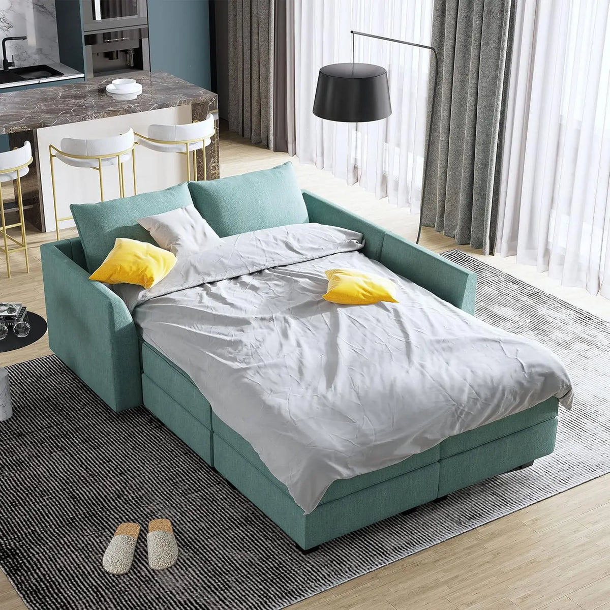 Convertible Sectional Sleeper Sofa with Storage Seats Modern Modular Sofa Sectional Couch with The Ottomans, Aqua Blue