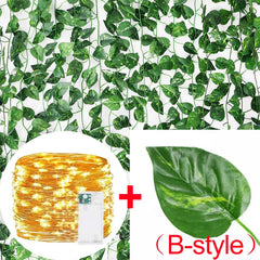 Artificial Plants Rattan Green Ivy Leaf with String Lights DIY Garland Wedding Party Decoration Home Room Wall Hanging Plants