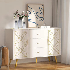 48" Sideboard Buffet Cabinet with Storage, White & Gold Floral Accent Storage Cabinet with 4 Doors, Credenza for Living Room