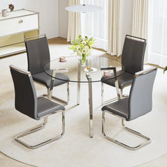 Dining Table, Round Glass, Tempered Glass Top and 4 Chairs with Seat and Sturdy Chrome Legs, 5-Piece Dining Table Set