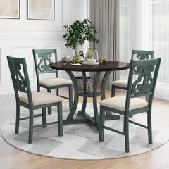 5-Piece Farmhouse Dining Table Set Wood Round Extendable Dining Table and 4 Upholstered Dining Chairs