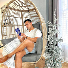 Egg Chair Wicker Outdoor Indoor, Oversized Lounger with 370lbs Capacity Large Egg Chairs with Stand Cushion Egg Basket