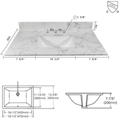 31 Inch Marble Vanity Top with Undermounted Rectangular Ceramic Sink & Backsplash, Engineered Stone Countertop Vanity Sink Top