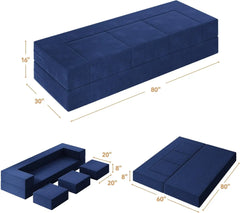 80'' Folding Bed Couch, Foam Floor Sofa with 3Ottomans& Washable Velvet Cover,Modular Sectional Sofa Futon Sleeper Convertible