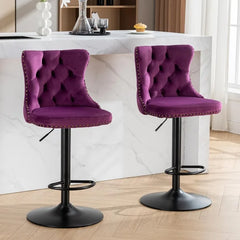 Bar Stools Set of 2,Adjustable Barstools with Back Velvet Tufted Counter Stool Modern Upholstered Bar Chairs with Nailhead