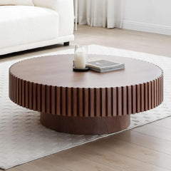 31.49'' Round Coffee Table Wood End Table for Living Room, Modern Contemporary Circle Fluted Drum Side Table, Easy Assembly