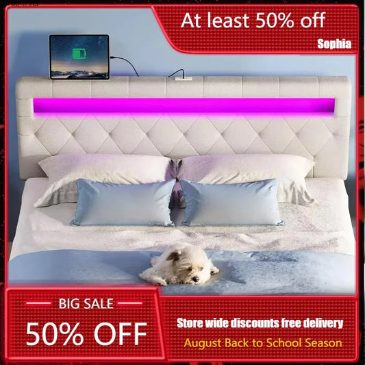 Headboard for Full Size Bed with 60,000 DIY Color of LED Light, USB & Type C Post, Attach Frame, Height Adjustable