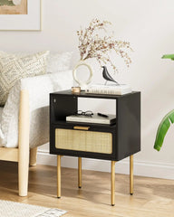 Rattan Nightstand with Charging Station, 2 Drawer Dresser for Bedroom, Small Bedside Table with 2 Drawers, Night Stand,