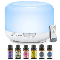 500ML Aromatherapy Oil Diffuser, Aroma Diffuser with 6 Bottle 10ML Essential Oil Set (Lavender/Rose/Jasmine/Lemon/Hilton/Ocean)