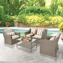 Piece Patio Conversation Set Outdoor Furniture Set, Brown Wicker Lounge Chair with Ottoman Footrest, W/Coffee Table & Cushions