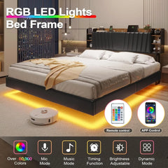 California King Floating Bed Frame with Hidden Storage Headboard and Charging Station Floating Platform Bed with Led Lights