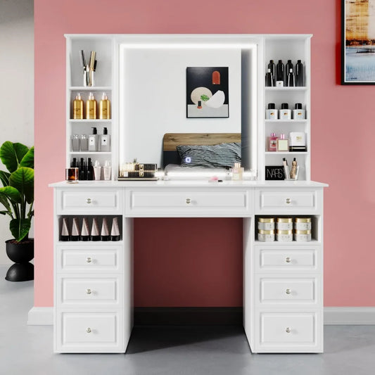 Extra Large Vanity Desk with Lighted Mirror,Huge Desktop Makeup Vanity Table with 9 Drawers, Crystal Ball Knobs