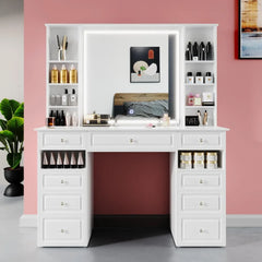 Extra Large Vanity Desk with Lighted Mirror,Huge Desktop Makeup Vanity Table with 9 Drawers, Crystal Ball Knobs