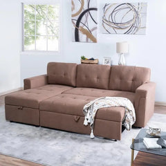 Jenny Sectional Sofa Sleeper with Storage Chaise, Tufted Pull Out Couch with Storage, Sectional Sofa Bed, Velvet