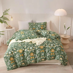 Duvet Cover Queen 100% Cotton, Green Garden Flower Pattern Bedding Duvet Cover Set Full Queen with Pillowcases Durable Zipper