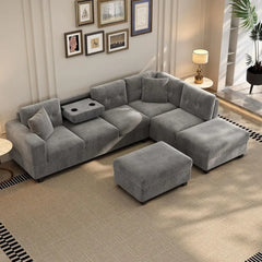 Sectional Sofa Couch with Reversible Chaise and Ottoman,Polyester L-Shape Couch with 2 Pillows and Cup Holder, Sectional Sofas