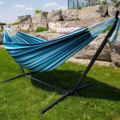 Double Cotton Hammock with Space Saving Steel Stand, Blue Lagoon (450 lb Capacity - Premium Carry Bag Included)