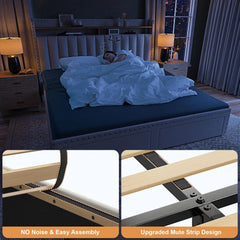 King size bed frame with storage space and headboard, king size bed frame with 2 drawers, noiseless and no need for a spring box