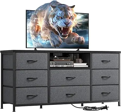 Dresser TV Stand with Power Outlet  with 8 Fabric Deep Drawers Media Console Table for  Storage Dresser for Bedroom, Living Room