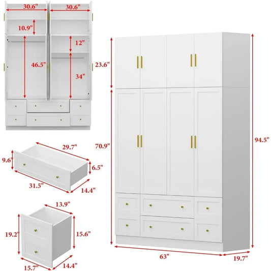 Large Wardrobe Armoire Closet with 4 Doors, White Wardrobe with Hanging Rods and Drawers, Top Cabinets, Bedroom Armoire