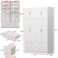 Large Wardrobe Armoire Closet with 4 Doors, White Wardrobe with Hanging Rods and Drawers, Top Cabinets, Bedroom Armoire