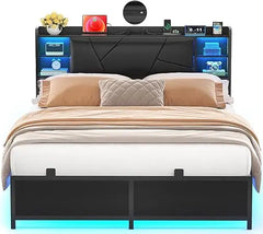 Queen Size Bed Frame with Charging Station and Cool LED Lights, Sturdy Platform Bed with Upholstered Storage Headboard