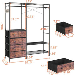 Clothes Rack with 5 Drawers & 4 Storage Shelves, 59.1W*70.9H Heavy Duty Clothing Rack with 2 Hanging Rods, Wardrobe Closet