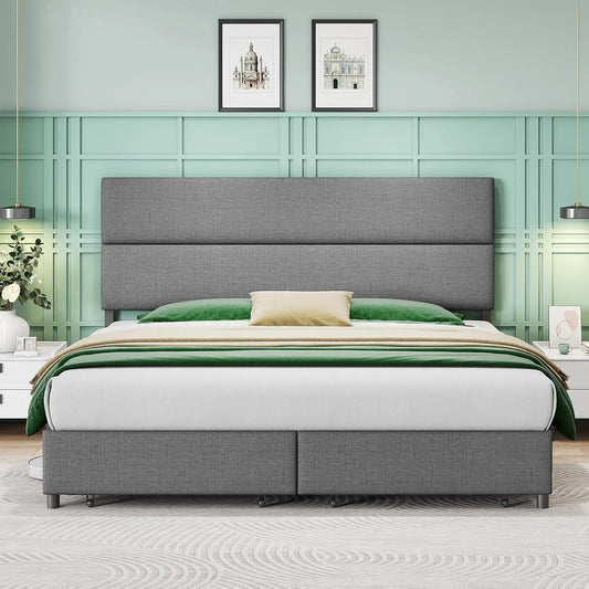 Bed Frame, King, 47.6 Inches, Linen Upholstery with 2 Drawers,Height Adjustable Headboard,No Springs Required,Platform Bed Frame