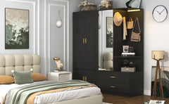 5 Doors Armoire Wardrobe Closet with Sensor Lamp and Mirror, 2 Drawers, 4 Hooks, 2 Hanging Rods, Large Wooden Armoire Closet