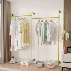 Industrial Pipe Clothing Rack Wall Mounted,Clothes Racks with Hanging Rods for Closet Storage(Gold)