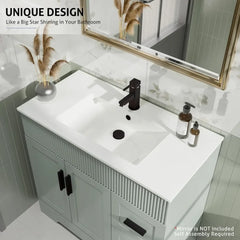 36" Bathroom Vanities Sink Combo Set, Modern Cabinet w/Wave Lines, Undermount Ceramic Sink w/Matte Black Faucet Drain